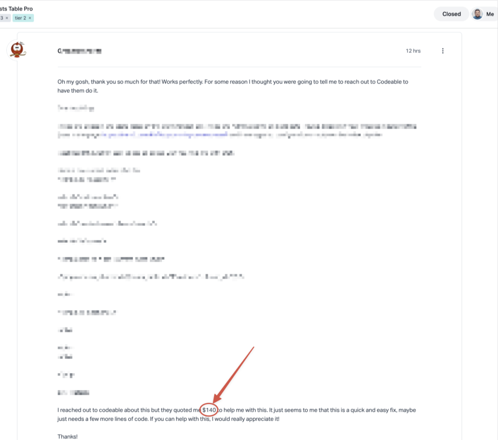 User reply screenshot where they stated they have quoted $140 for this task.